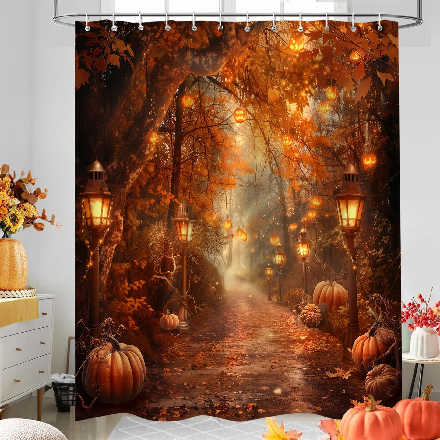 PAOPOED Fall Pumpkins Shower Curtain，Autumn Thanksgiving Harvest Halloween Forest Rural Trail Bathroom Decor，72 x 72 Inch Polyester Fabric Waterproof Bathroom Curtain with 12 Hooks