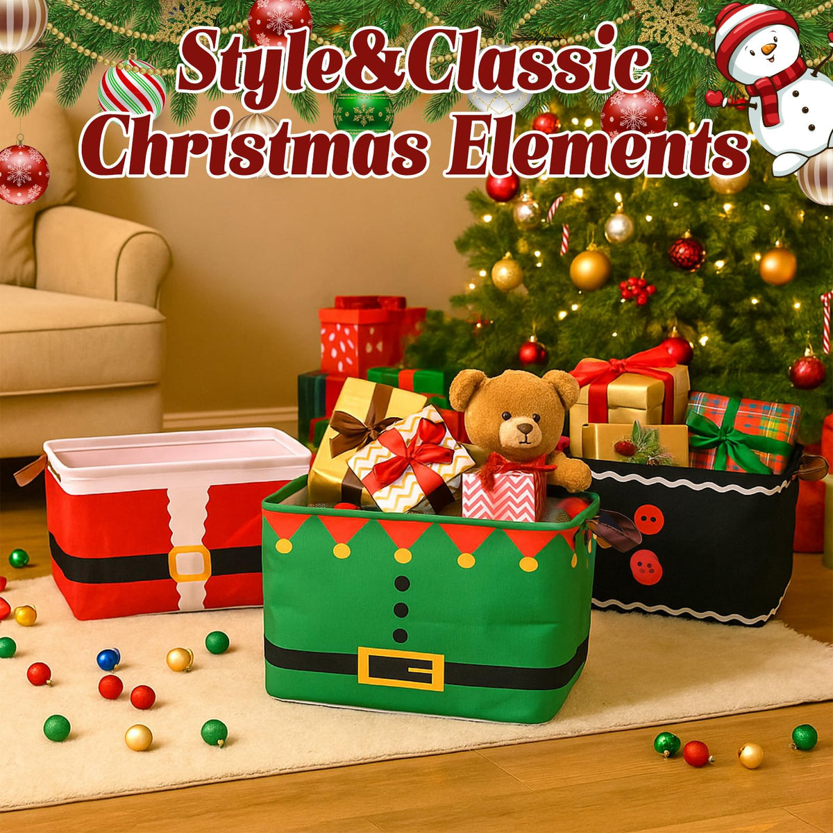 Bokon 3 Pack Christmas Storage Basket for Gifts Empty Collapsible Large Xmas Storage Bins Canvas Foldable Laundry Basket with Handle Clothes Containers for Office Home Bedroom(Santa Suit)