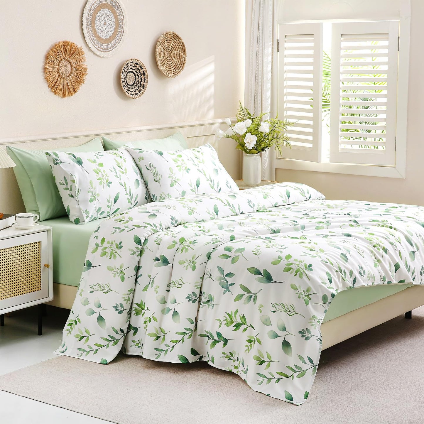 Botanical 6-Piece Full Size Sheets Set, Boho Floral Print Brushed Microfiber Sheets, Cooling Bed Sheet Set, Ultra Soft & Breathable, 16' Deep Pocket Fitted Sheet & Pillowcase Set, Sage Green Leaves