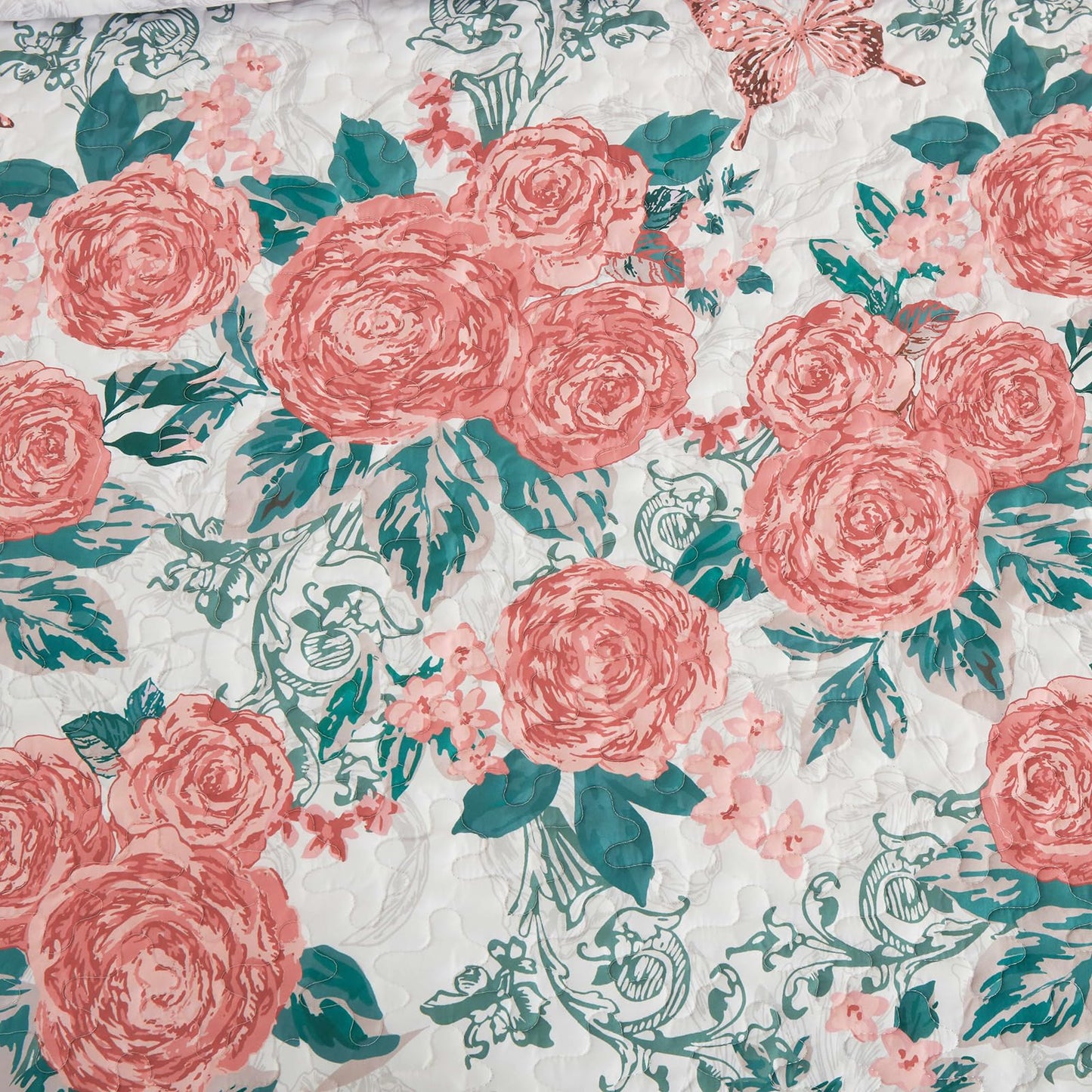 Yiran Pink Floral Quilt Set Queen Size Summer Botanical Bedspreads Bedding Set 3 Pieces Lightweight Rose Flowers Printed Coverlet with 2 Pillow Shams for All Season 96x90 Inch