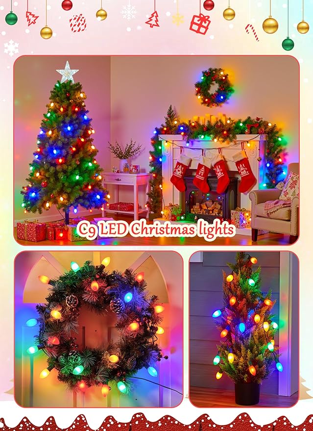 Vintage C9 LED Christmas Lights Outdoor, 50 Feet C9 String Lights with 50 Shatterproof C9 Bulbs, Waterproof Connectable Commercial Christmas Tree Lights for Outside Roofline Patio Decor, Multicolor