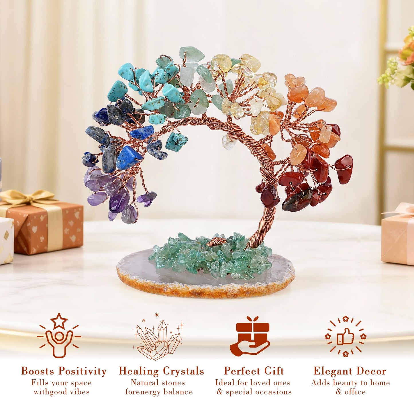 7 Chakra Crystal Money Tree with Agate Base, Fengshui Wealth Bonsai Figurine, Natural Crystal Chip Copper Wire Tree Ornament for Home Office Wedding Decoration (3-4 Inch)