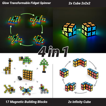 TOSY Magnet Fidget Spinner Glow - 16 Blocks, 3in1 Toy: Transformable Fidget Spinner, Infinity/Puzzle Cube, Easter Basket Stuffers Gift for Kids/Adults, Glowing STEM Sensory Stress Relief