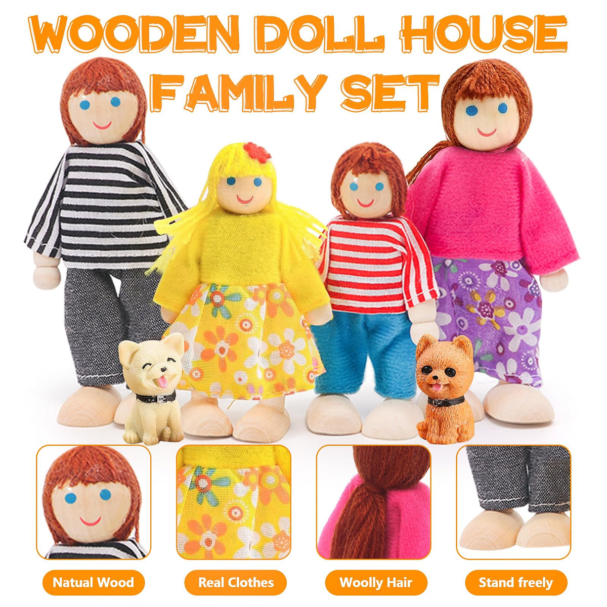 HAPGFS 36PCS Wooden Dollhouse Furniture Set with 4 Flexible Family Dolls - 5 Room Realistic Doll House Accessories for Toddlers 3 4 5 6, Pretend Play Toys Gift for Birthday and Christmas