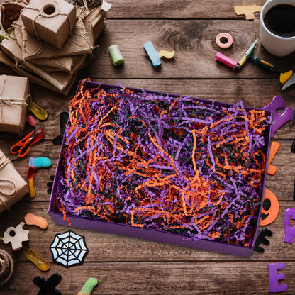Gloreyan 1LB Halloween Crinkle Cut Paper Shred, Black Orange Purple Raffia Paper Sherd Filler Grass for Gift Wrapping Basket Filling Birthdays Weddings Party Supply