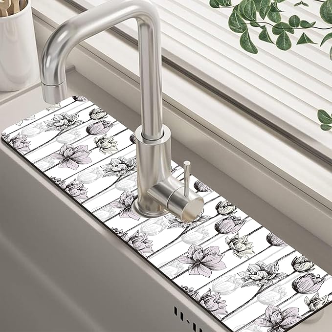 Water Lily Flower Kitchen Sink Splash Guard Mat Absorbent Fast Drying Mat