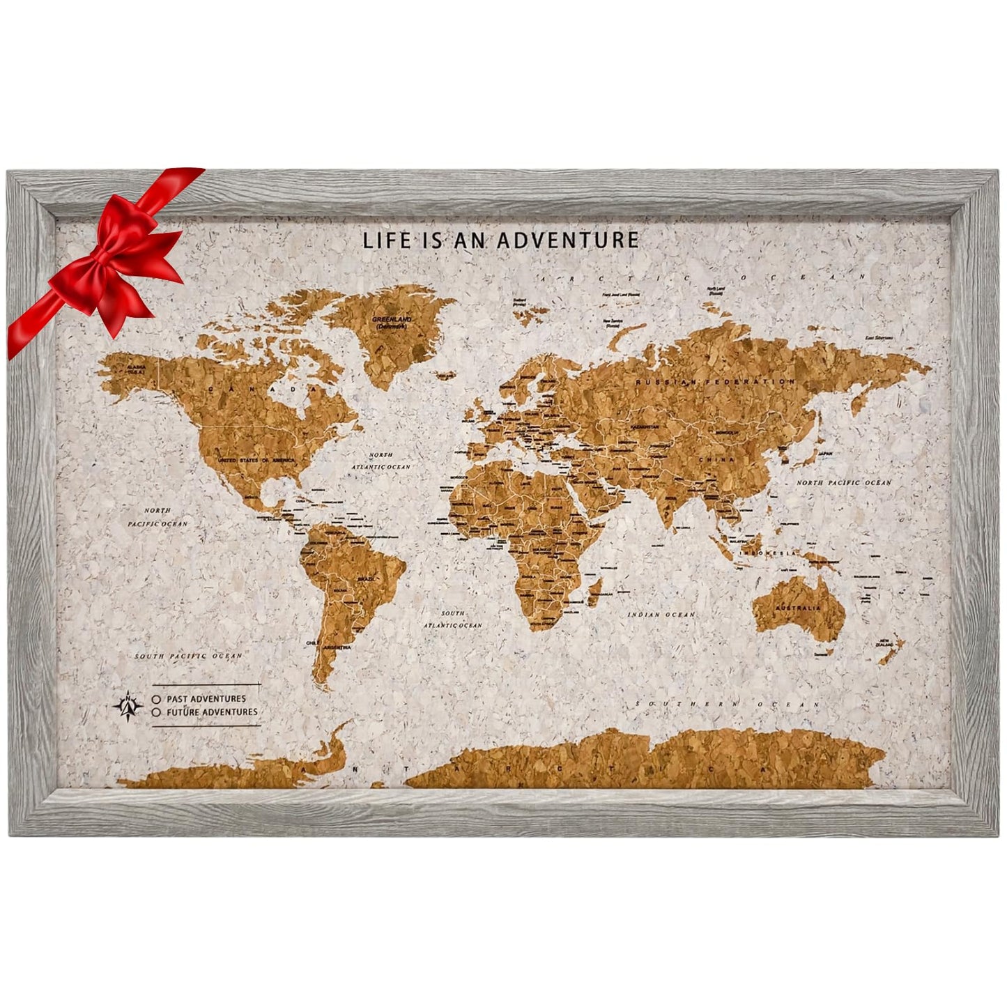 Splosh Framed Travel Map - Grey Small Wooden Pin Board with 100 Pins. Travel Map Cork Board. Wooden World Map, Corkboard Map Travel Gift. Mark your fast & future adventures!