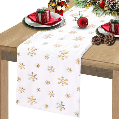 Faux Fur Christmas Table Runners 72 inches Long, Gold Sequin Snowflake Table Runner Xmas Table Runner for White Super Soft Thick Luxury Christmas Table Decoration, 13x72 inch