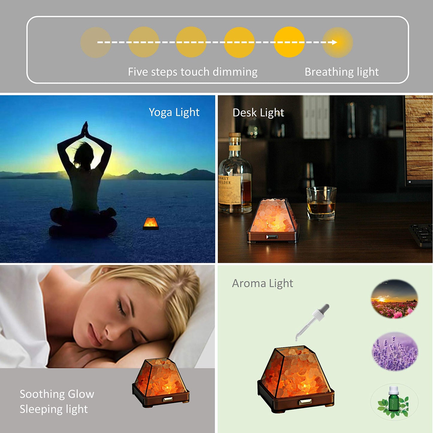 HISUNY Touch Himalayan Salt Lamp with Smart Heating Essential Oil System, 6-Way Dimmable Mini USB LED Pink Natural Salt Rock Night Lamp for Home Decor Zen Gifts Salt Therapy Yoga Spa Meditation