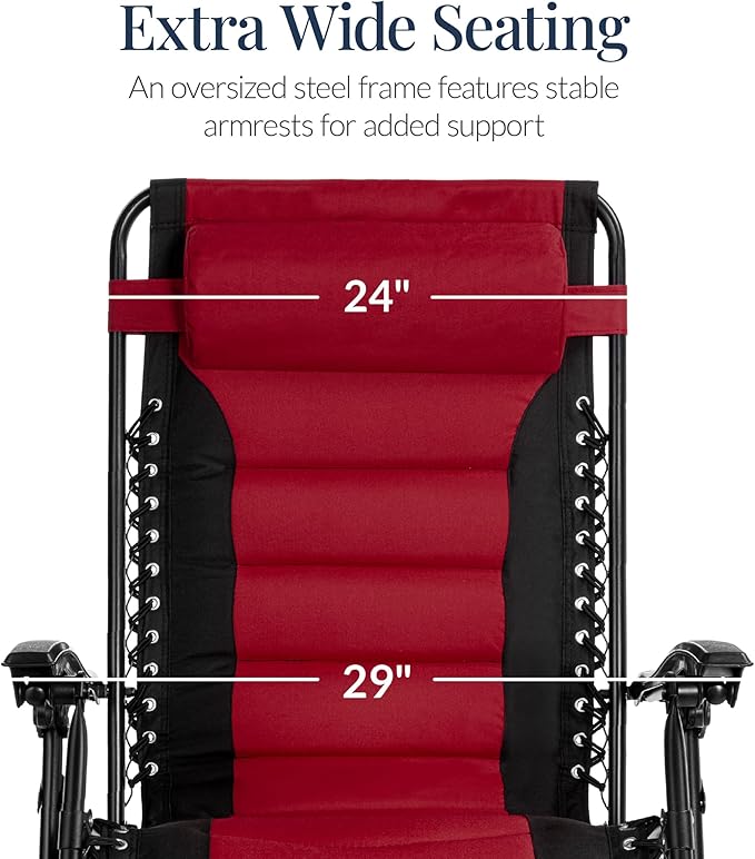 Best Choice Products Oversized Padded Zero Gravity Chair, Folding Outdoor Patio Recliner, XL Anti Gravity Lounger for Backyard w/Headrest, Cup Holder, Side Tray, Polyester Mesh - Burgundy