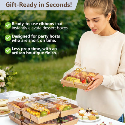 Gift-Ready Charcuterie Boxes with Clear Lids, Cake Slice Container, Bakery packaging, Food Gift Containers, Small Treat, 5"Dessert Boxes with Ready to use Ribbon and Bamboo Skewers-50 Count-BROWN