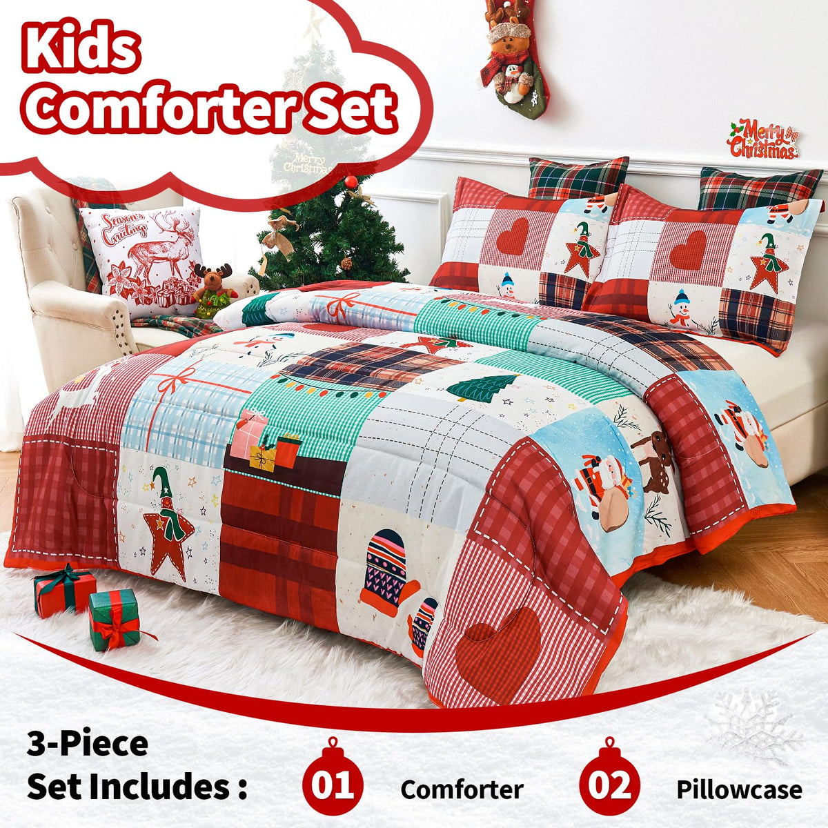 YIYEA Christmas Full Size Comforter Sets for Girls Boys, Cute Kids Comforter with 2 Pillowcase, Ultra Soft Brushed Microfiber Christmas Bedding Comforter Sets, Suit for All Season, Machine Washable