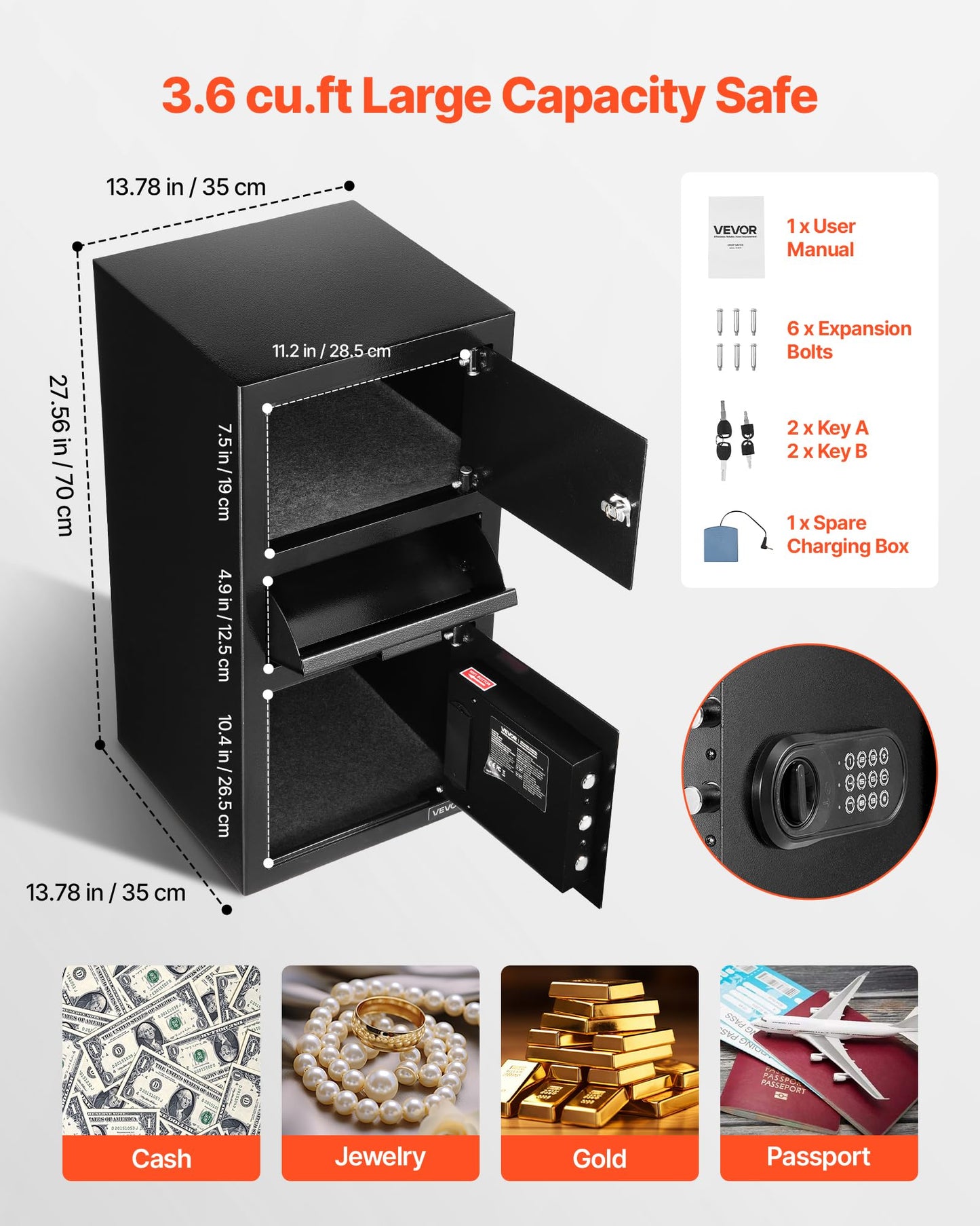 VEVOR 3.6 Cubic Feet Drop Safe, Large Capacity Front Drop Slot Safe Box with Digital Keypad, Heavy Duty 3 Tiers Cash Depository Box with Spare Keys for Cash, Bank Slip, Jewelry, Document, Bill, Black