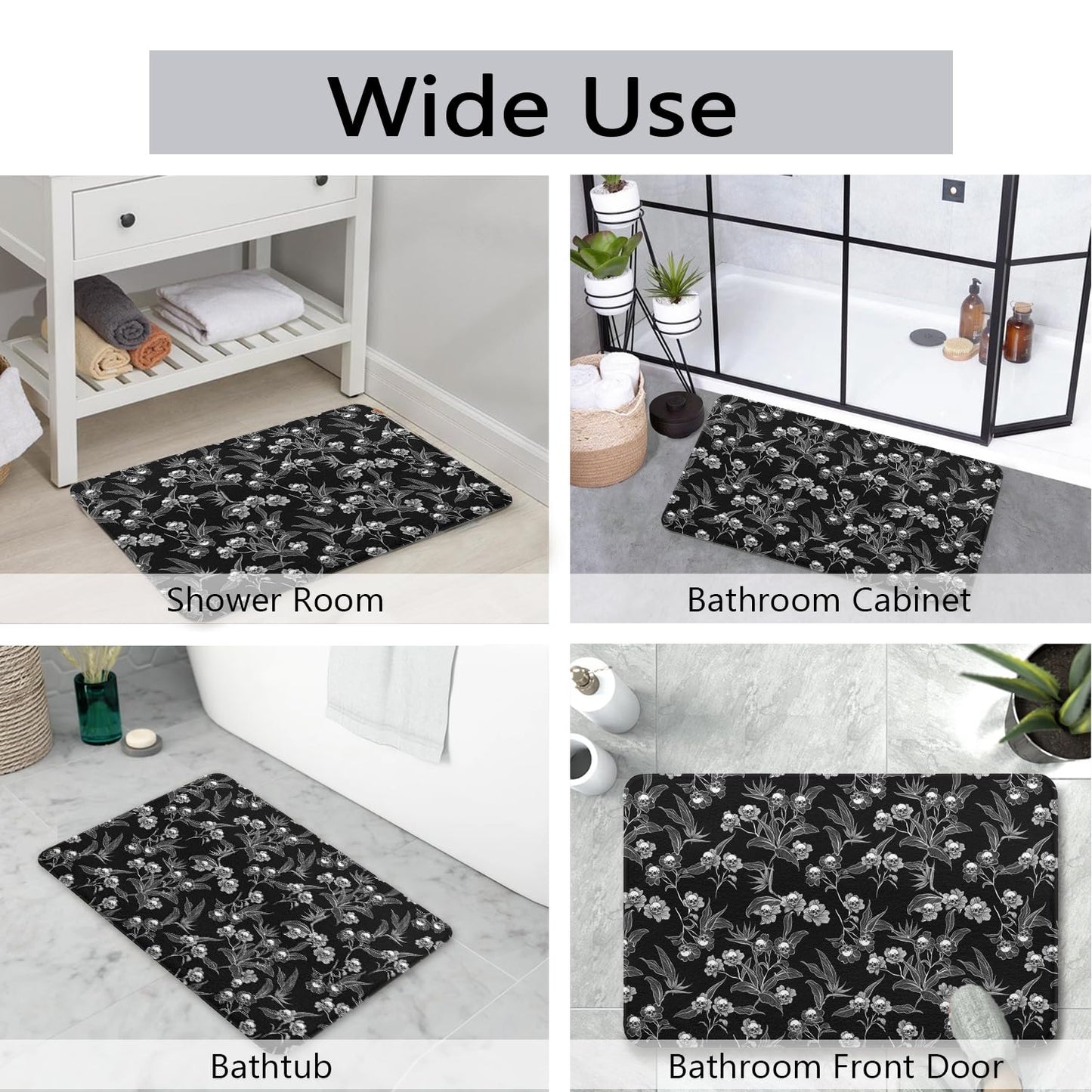 Twyt decor Skull Rose Goth Imitation Cashmere Bathroom Mat Rug- Rubber Non-Slip Super Absorbent Soft Thin Bathroom Rug for Tub Shower Sinks (17" W x 27" L)