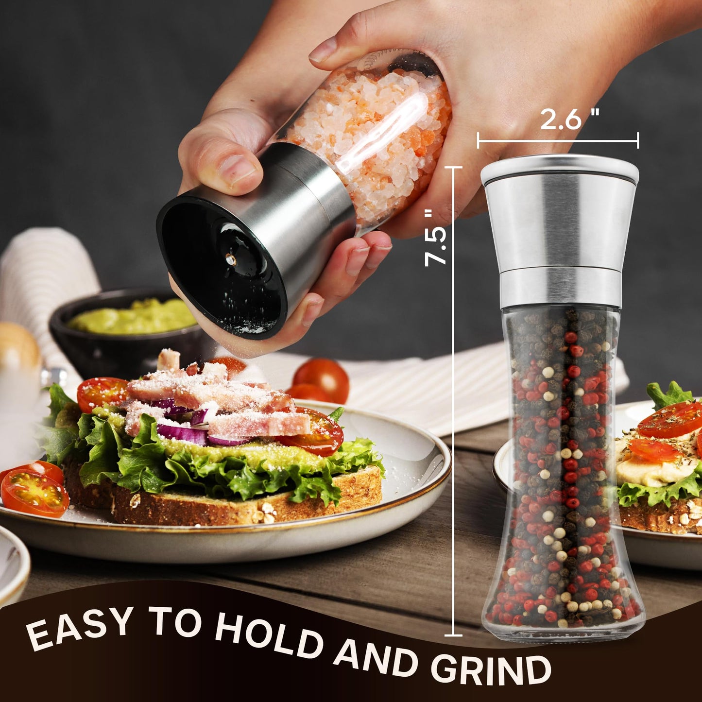 M JINGMEI Premium Stainless Steel Sea Salt and Pepper Grinder Set of 2 - Adjustable Ceramic - Tall Glass Salt and Pepper Shakers - Pepper Mill & Salt Mill W/Funnel (2.6"W x 7.5"H)