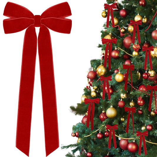 12Pcs Red Velvet Ribbon Bows Christmas Tree Decorations,5in x 10in Xmas Ornaments for Tree Home Party Front Door Wreath Holiday Decor