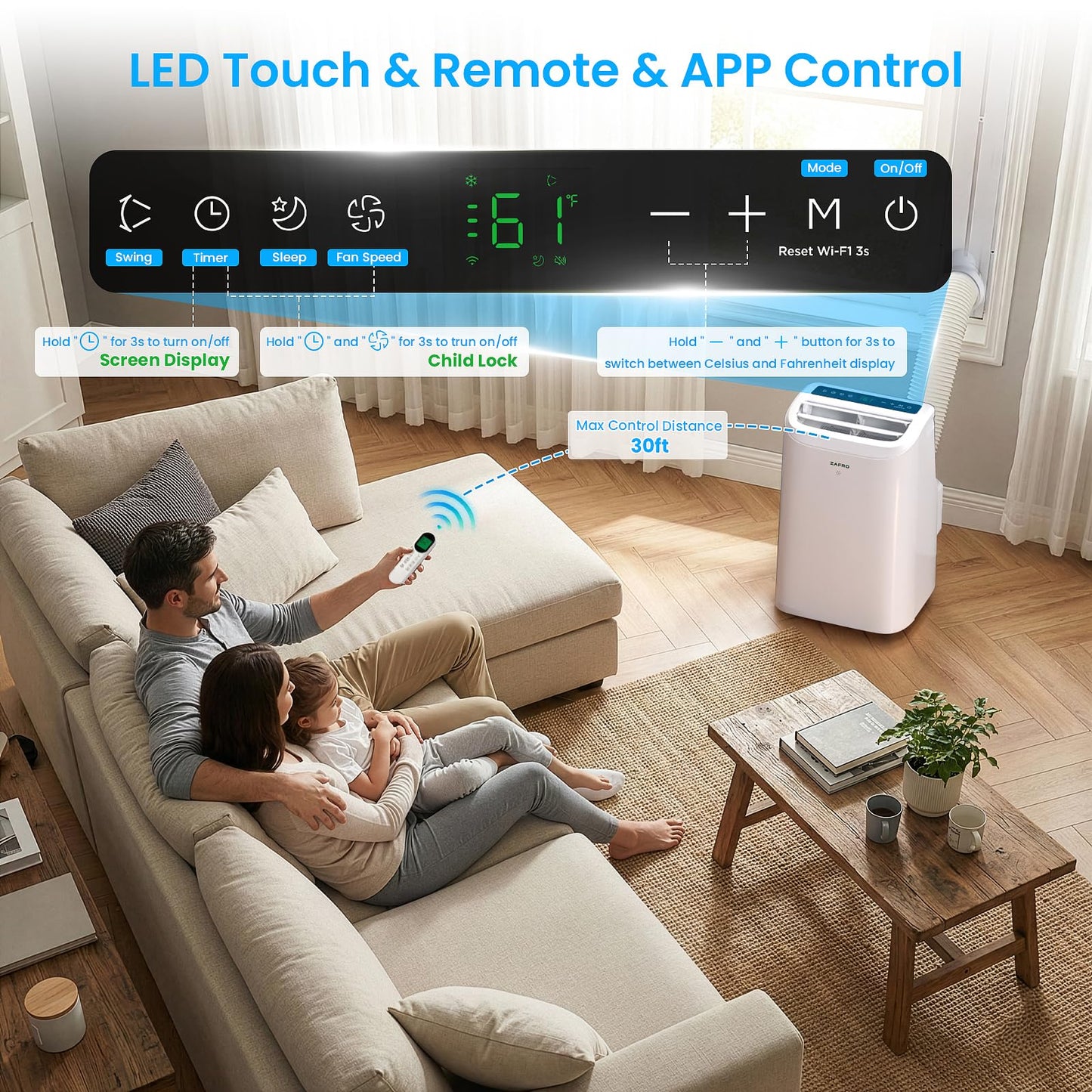 ZAFRO Portable Air Conditioners, 10000 BTU, 3 in 1 Portable AC with Drainage-free Cooling, Fan & Dehumidifier, Smart AC Unit with APP/Remote Control, 47dB Quiet, 24H Timer for Living Room, Bedroom