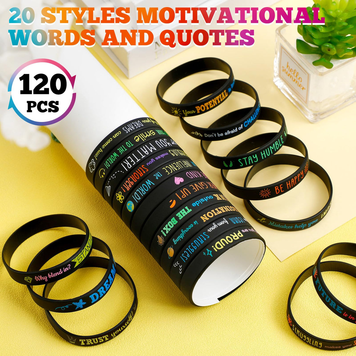 Bucherry 120 Pcs Motivational Silicone Wristbands Bulk Inspirational Rubber Unisex Bracelets with Positive Quotes for Student Teacher Classroom Reward Party Favors School Church Gifts(Black)