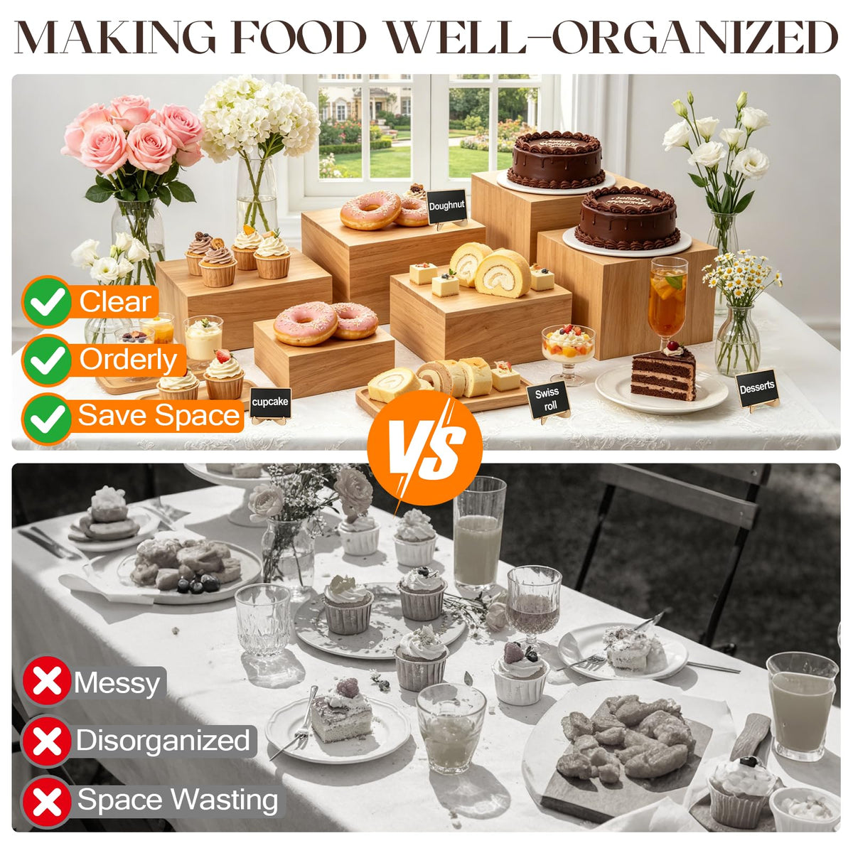 Gleom 9 Pcs Extra Large 12" Wooden Buffet Risers Set with Mini Sign Food Risers for Buffet Table Multi Size Cake Display Stands for Party Wedding Dessert Jewelry Home Decor