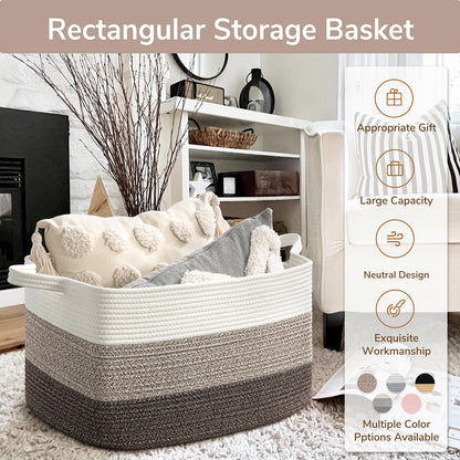 Goodpick Large Woven Storage Basket, 21.6"x14.9"x11.8", Blanket Storage for Bedroom and Living Room, Rectangle Rope Baskets for Storage, White Brown