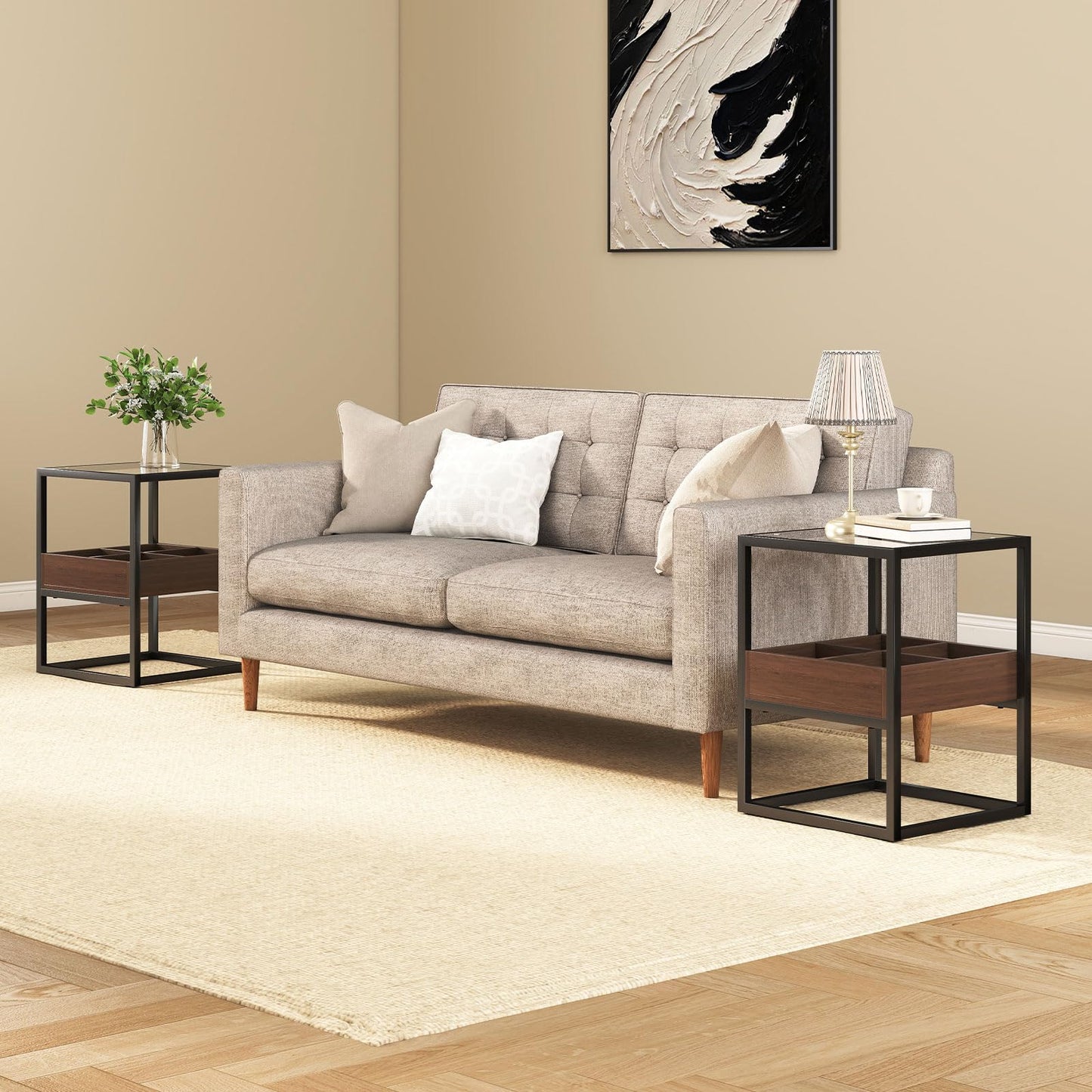 Permory Tempered Glass Top End Table with USB Port, Dimmable Warm Brown-Toned COB Strip Light for Living Room Bedroom