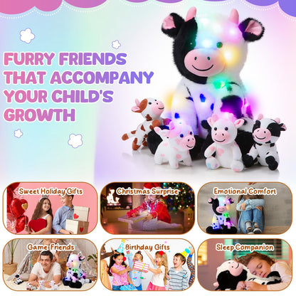 Sumind 5 Pcs Cow Stuffed Animal Set 13.78 Inch Mommy Cow Plush Toy with 4 Baby Cute Calf in Her Tummy Large Stuffed Animals with Babies Inside for Christmas Toddlers Girls(LED)