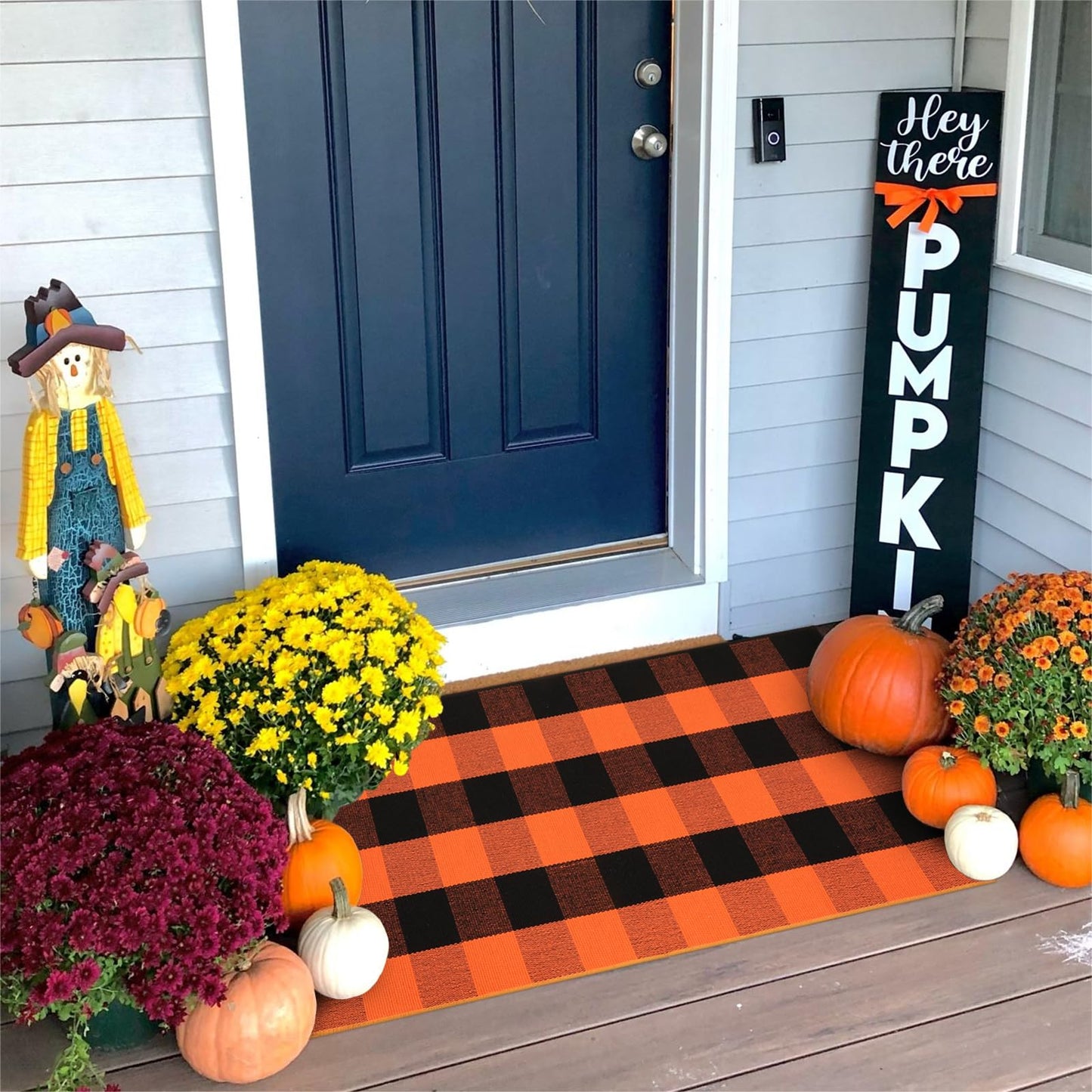 KIMODE Fall Outdoor Rug Buffalo Plaid Orange and Black 24"x51",Washable Cotton Fall Halloween Door Mat,Reversible Checkered Layering Rugs for Entryway,Halloween Front Porch Decor