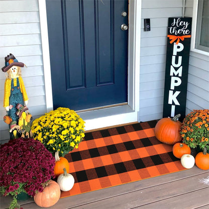 KIMODE Fall Outdoor Rug Buffalo Plaid Orange and Black 24"x51",Washable Cotton Fall Halloween Door Mat,Reversible Checkered Layering Rugs for Entryway,Halloween Front Porch Decor
