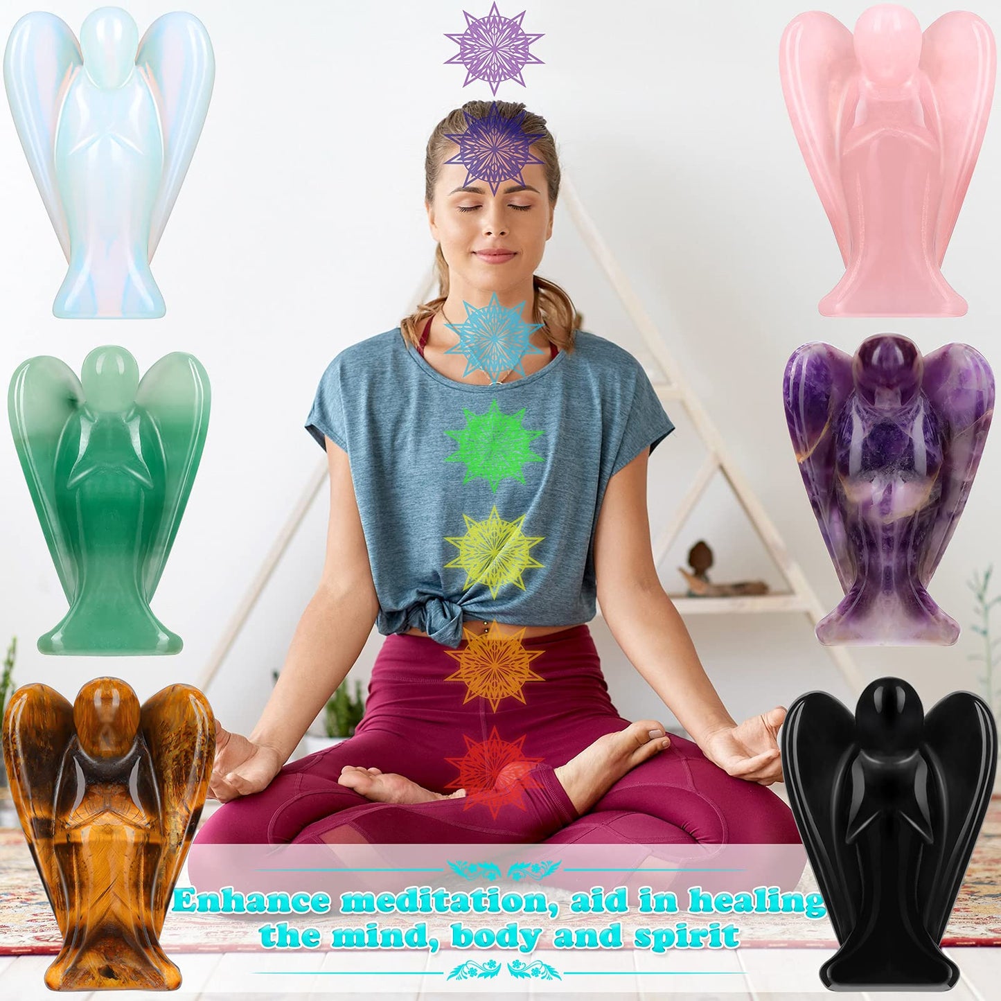 Hicarer 6 Pcs Small Crystal Angel Figurines Mini Guardian Statue Natural Gemstone Carved Pocket Crystal Figurines Stones Decor Gift Love Peace Healing(1.5 Inch,Bright Color)
