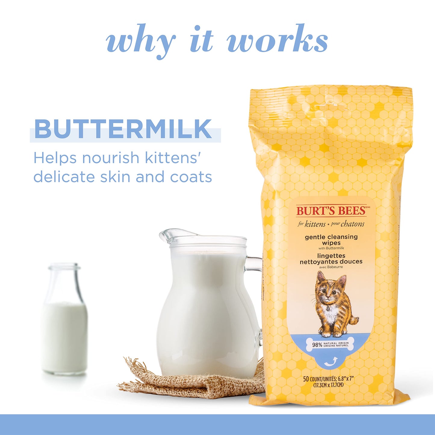 Burt's Bees for Pets Kitten Wipes with Buttermilk - Pet Wipes for Cats Waterless Bathing & Cleaning, Kitten Essentials for Indoor Kittens, Gentle Cat Grooming Wipe for Face, Paws & Butt, 50 Count
