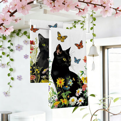Croar Spring Summer Black Cat Floral Kitchen Dish Towels Set of 2, Daisy Flower Butterfly Drying Hand Towel Baking Cooking Cloth, Wildflower Bathroom Home Decoration Pet Cat Owner Lover Gift 18''x26''