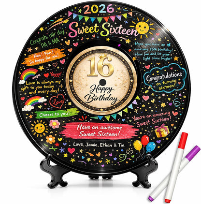 Sweet 16 Party Decorations for Girls and Boys, 11.6 Inch Vinyl Record Guest Book Alternative, 16th Birthday Signature Board with Stand and Pens, 16th Birthday Gifts for Boys Girls