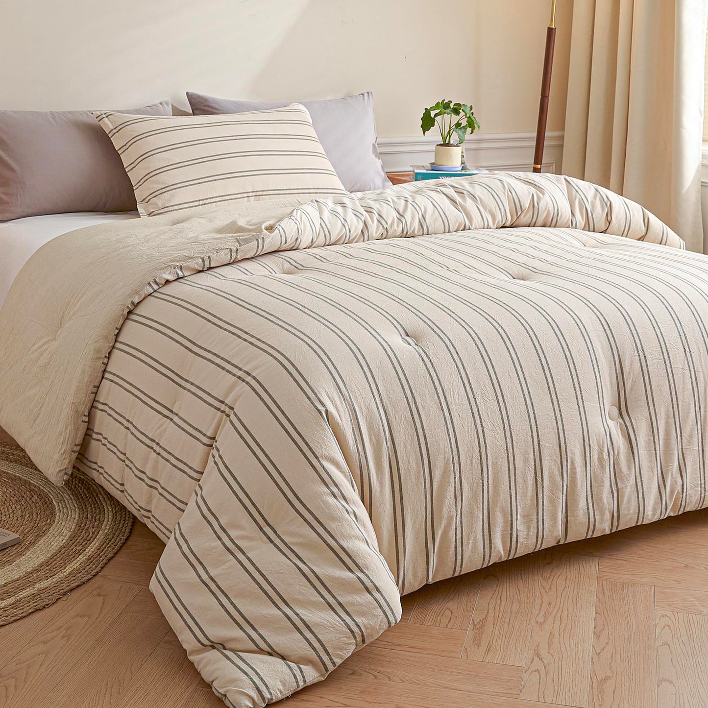 Cyusri Cotton Stripe King Comforter Set - Soft Lightweight Bedding 3 Pieces Dyed Bed Set with 2 Pillow Shams,Reversible All Season Farmhouse Down Alternative(King Size 104"x90" Beige)