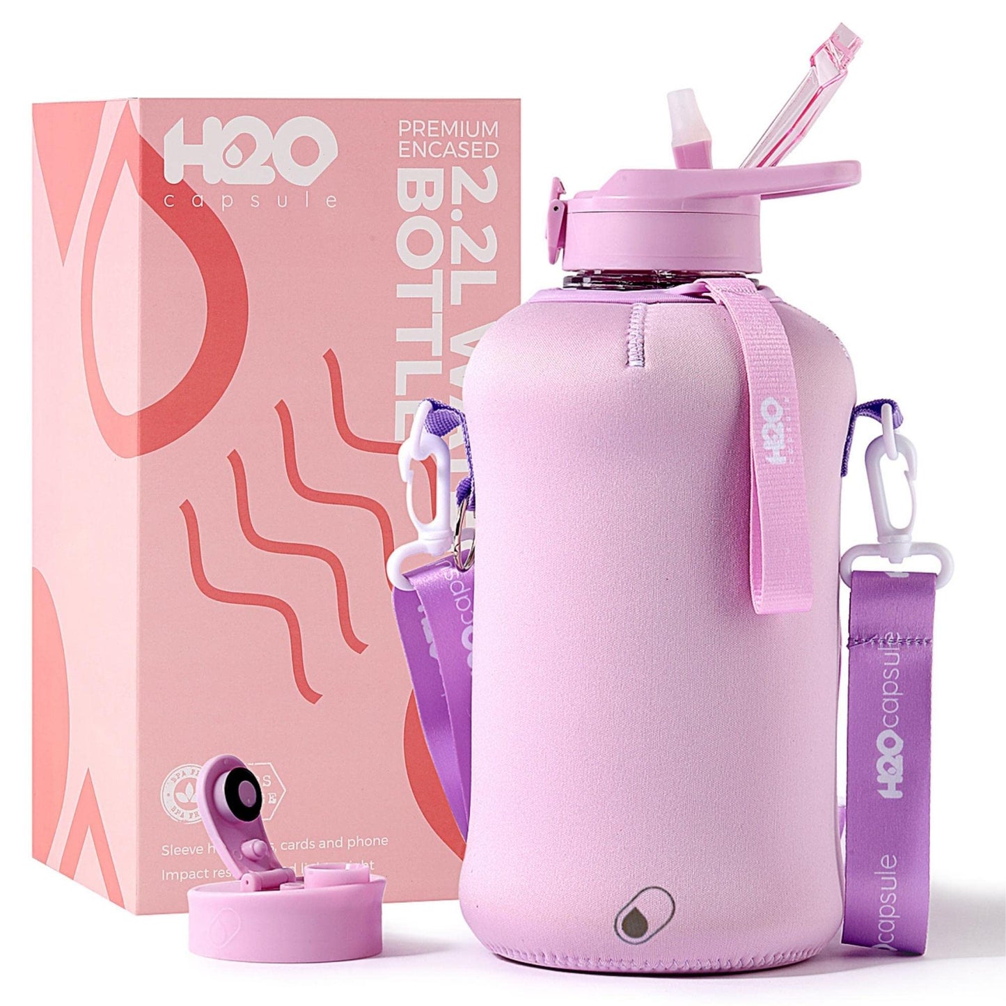 H2O Capsule 2.2L Half Gallon Water Bottle with Storage Sleeve and Covered Straw Lid – BPA Free Large Reusable Drink Container with Handle - Big Sports Jug, 2.2 Liter (74 Ounce) Lilac