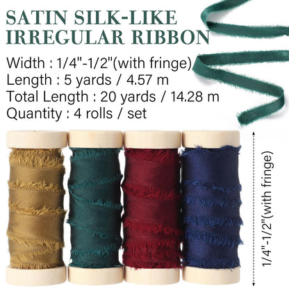 Mindsoft Frayed Chiffon Ribbon for Craft Silk Satin Ribbons 1/2-1/4 Inch x 20 Yard Handmade Fabric Strips with Wooden Spool for Valentines Day Wedding Gift Wrapping(Retro Colors)