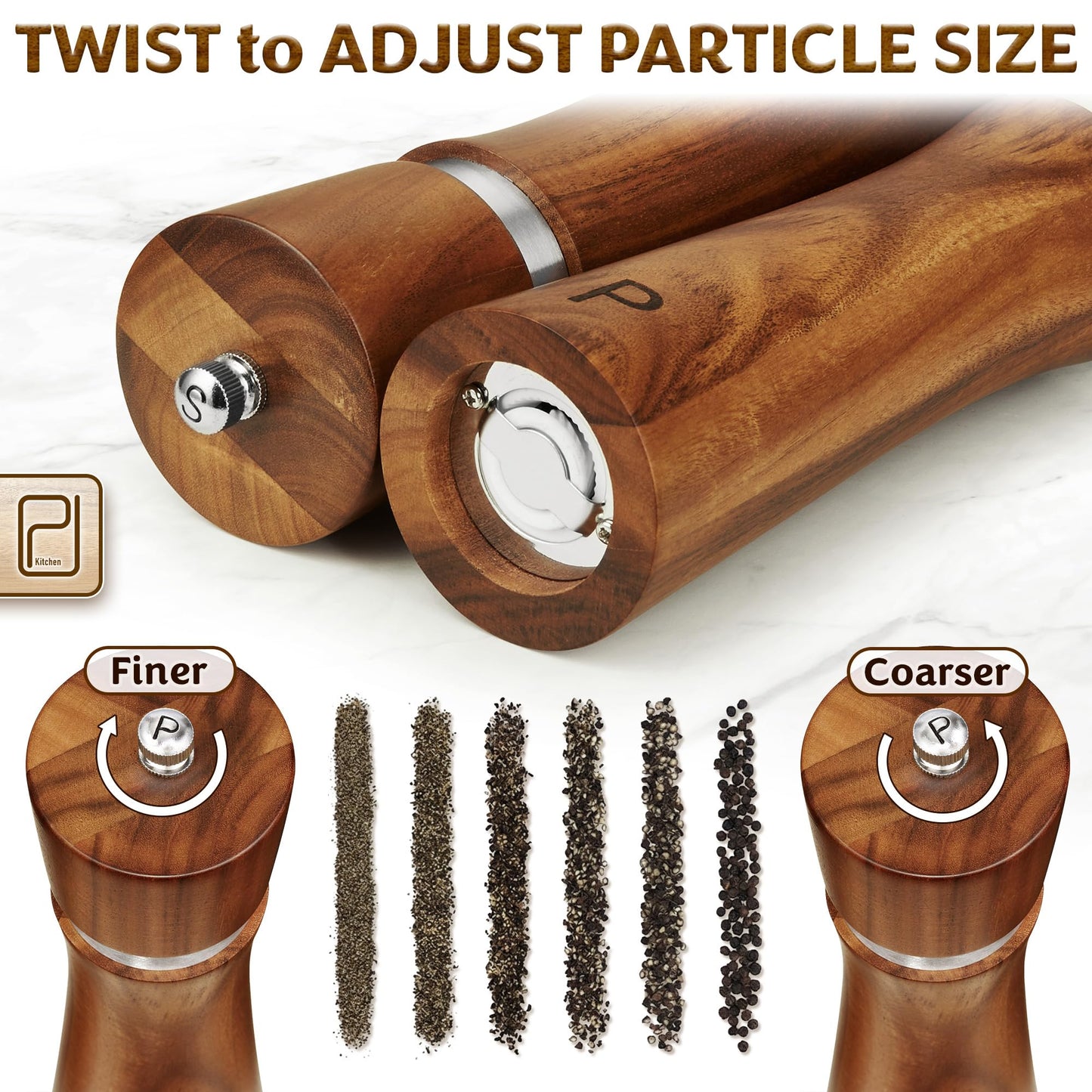 Salt and Pepper Acacia Wood Grinder Set with Wooden Holder Tray - 60 g / 2 oz each - Tall Modern Mill Shakers - Manual Refillable Mills for Peppercorn, Fancy Himalayan Salt + Spices - by PJC-Kitchen