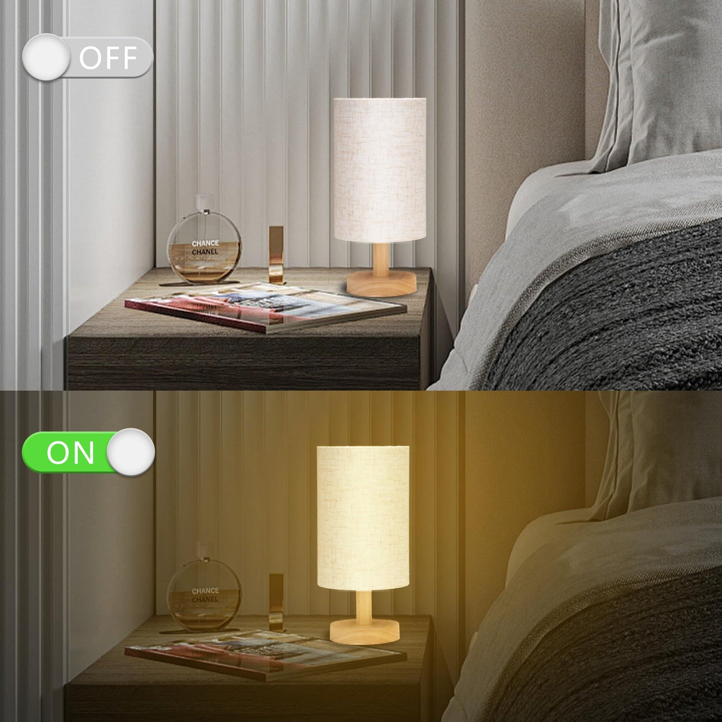 WANKAIX Small Table Lamp for Bedroom - Bedside Lamps for Night Stands, Minimalist Nightstand Light Lamp, Desk Lamps for Living Room, Office, Dorm(Wood Base, 10" Inline Control)