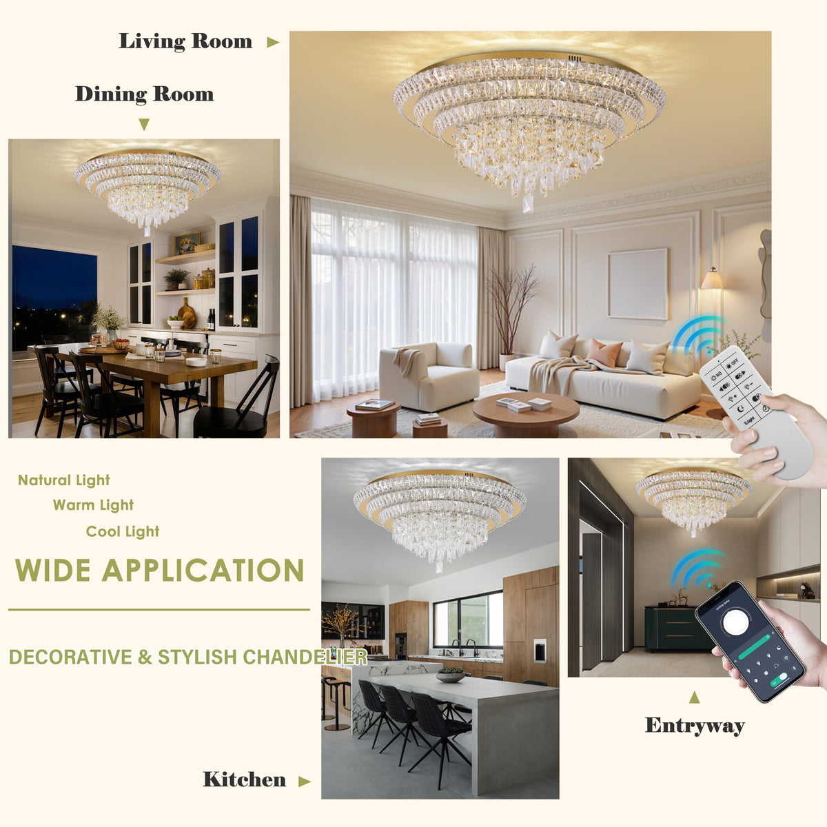 30 inch Crystal Gold Ceiling-Light Flush Mount With Remote Control and APP, 3CCT Dimmable & Brightness Adjustable, Modern Crystal Raindrop Chandeliers for Bedroom Hallway Dinning Room Living Room