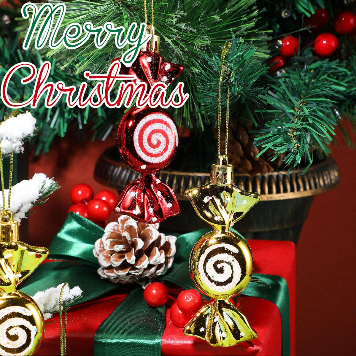 Threan 12 Pcs Christmas Candy Ornaments for Tree Decoration Hanging Glitter Candy Cane Christmas Peppermint Ornament with Golden Rope for Xmas Holiday Decoration(Red, Gold,Plastic)