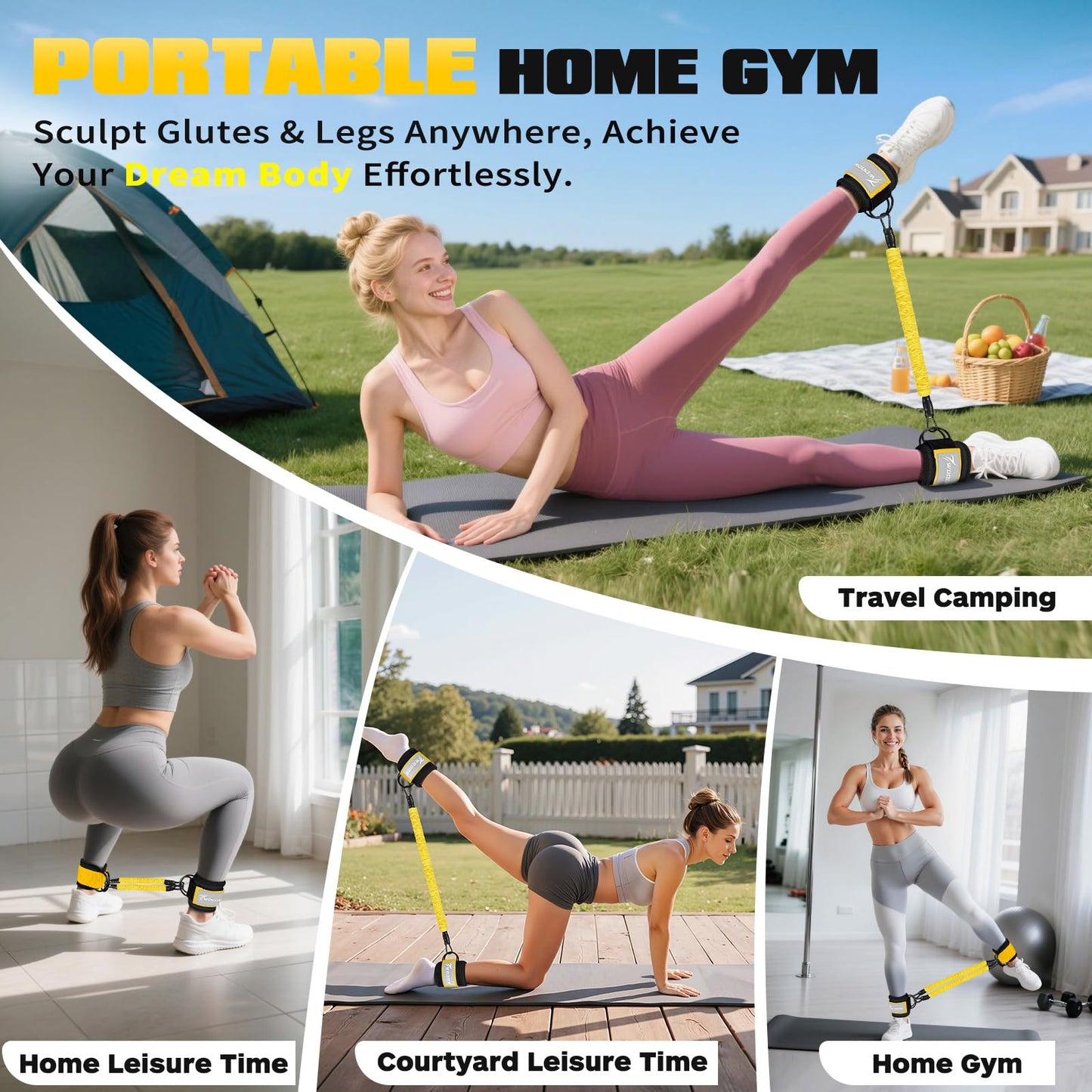 WOQQW Ankle Resistance Bands with Ankle Straps, Ankle Weights Bands for Women, Legs and Glutes Workout Equipment, Home Gym Exercise Equipment for Booty Training, Cable Machine Kickback, Pilates