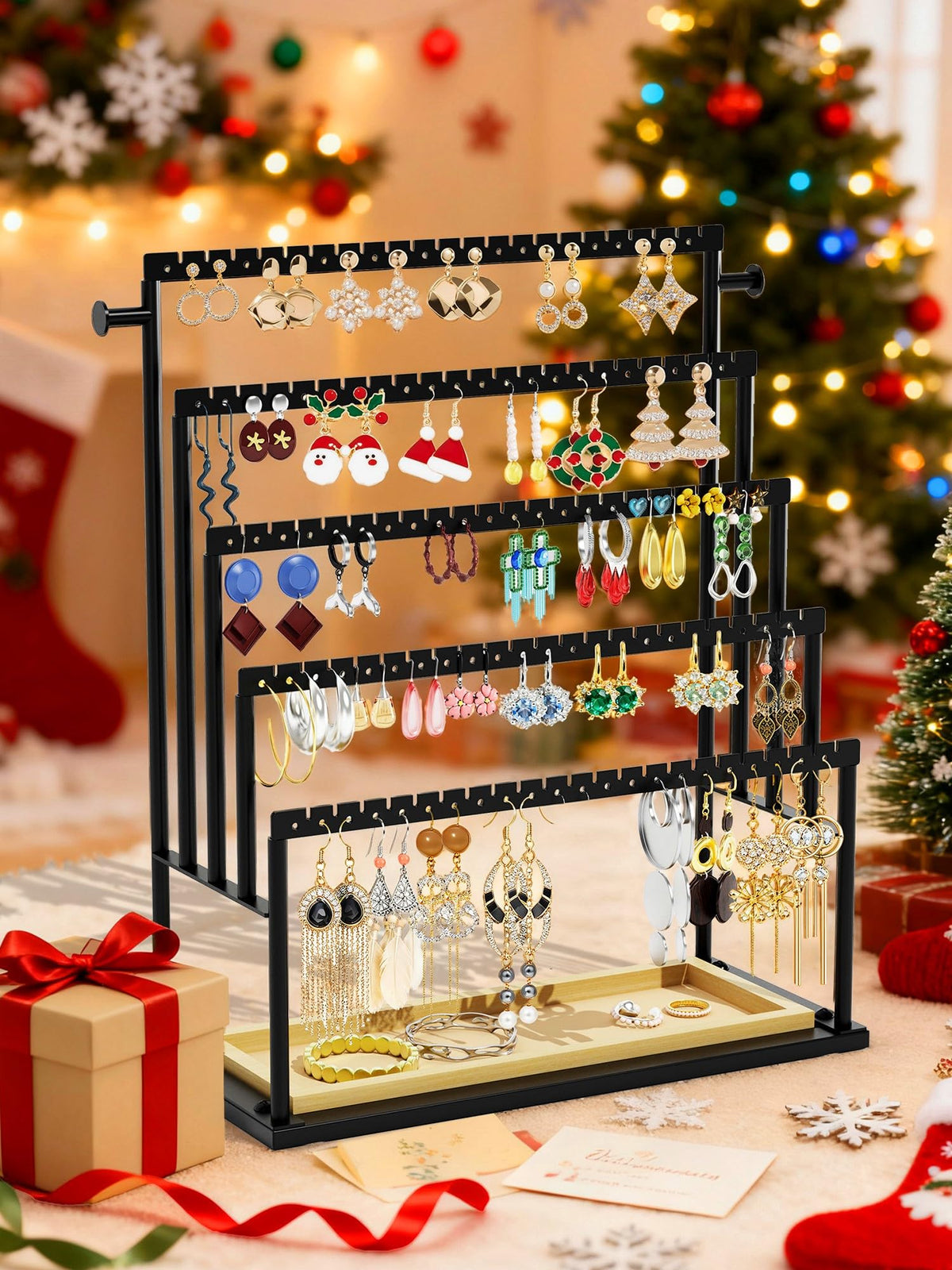 TIPSYTREE Earring Holder Organizer, 5-Tier Jewelry Display Stand with Matte Black Metal Frame and Wooden Tray, Large Earring Holder for Studs, Hoops, Dangles, Modern Jewelry Organizer for Women