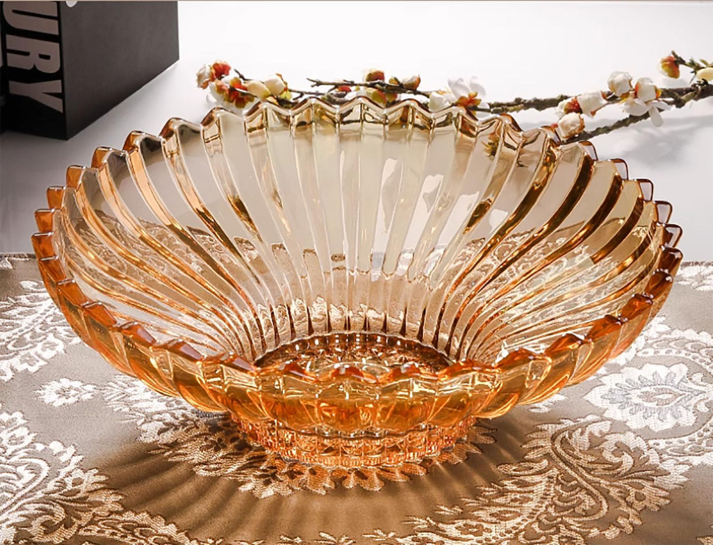 Rxcvkmw Glass Fruit Bowl or Decorative Bowl, used for Kitchen counter or living room center table decoration, 12.5 inch Fruit Bowl or Center Bowl (Amber)