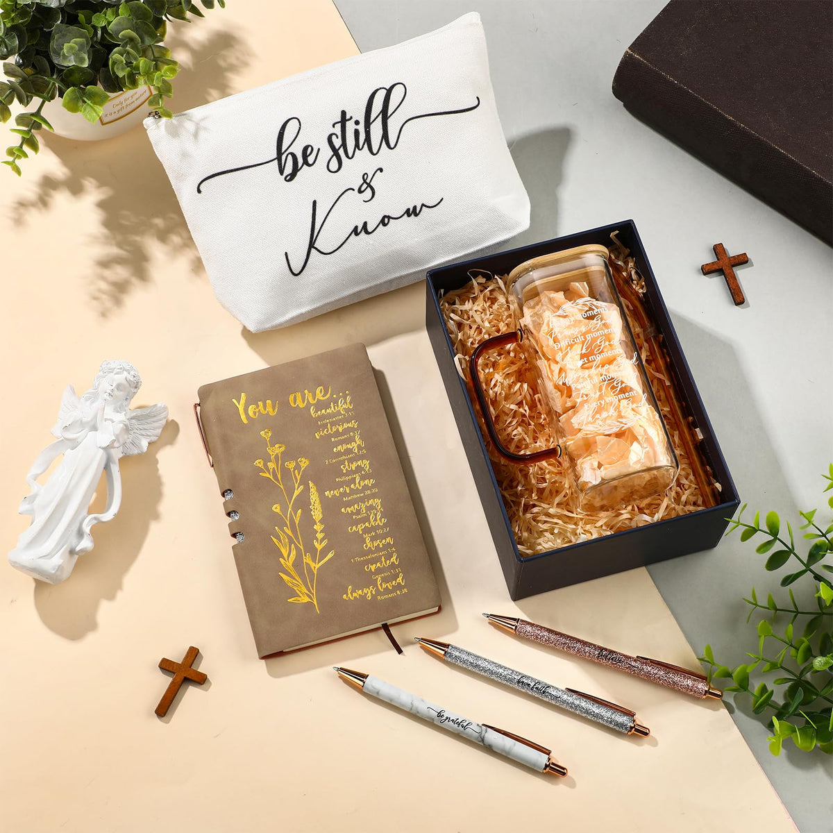 Skylety 6 Pcs Christian Gifts Set for Women Prayer Journal with Pens Makeup Bag Glass Cup Bible Study Supplies for Church Office Teacher Mother's Day Birthday Graduation Religious Gifts(Brown)