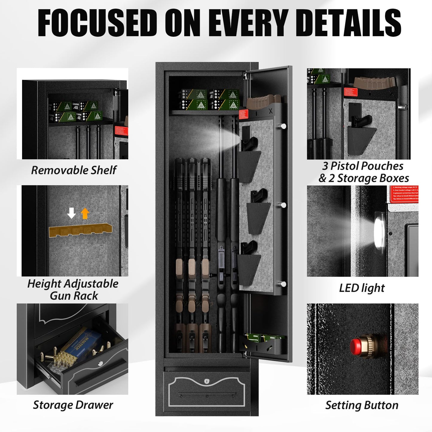Zevemomo 8 Gun Safes, Rifle Safe Long Gun Safe for Home, Quick & Easy Access Gun Cabinets for Home Rifle and Pistols with LED Light & Drawer, Electronic Lock