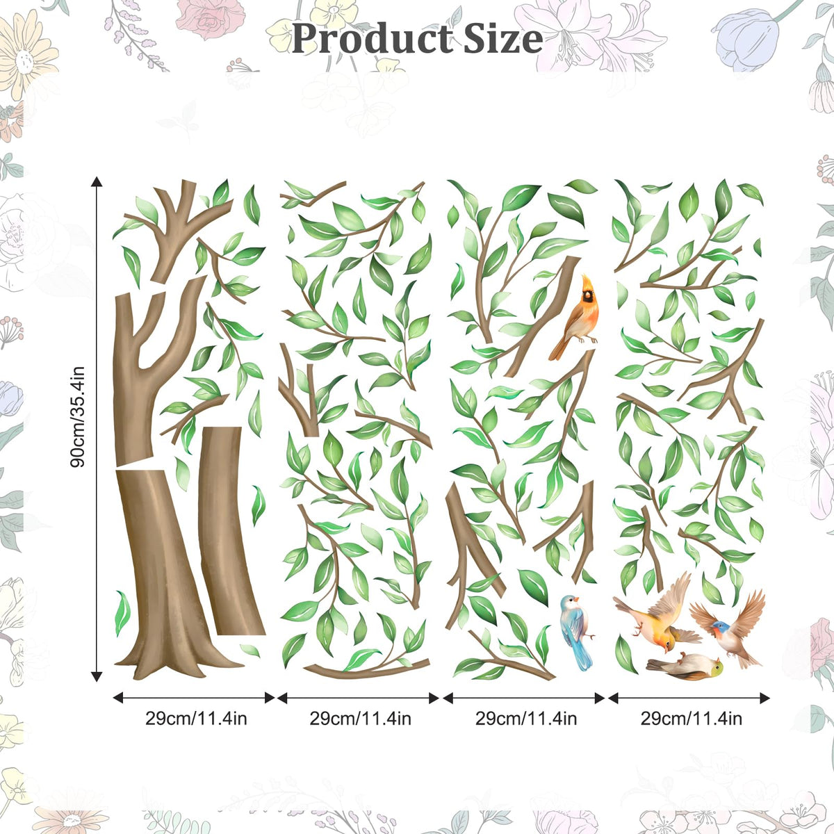 Large Green Tree Wall Decals, Falling Leaves Birds Wall Stickers Vinyl Peel and Stick Wall Decal Self Adhesive Wall Art Sticker for Aisle Bedroom Office Sofa Backdrop Wall Home Decor (W56.7 * H65.4in)