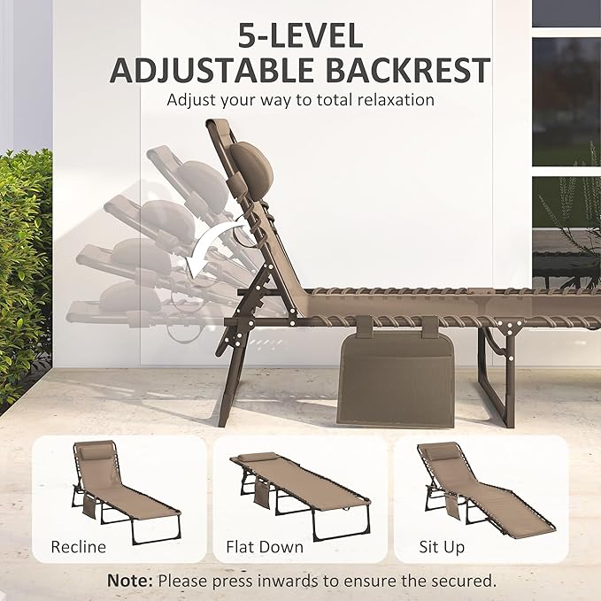 Outsunny Chaise Lounge Chair Outdoor, 5-Position Adjustable Sun Tanning Chair with Carrying Handle and Side Pocket, Folding Bed Cot with Removable Pillow for Garden, Beach, Patio, Pool, Camp, Brown
