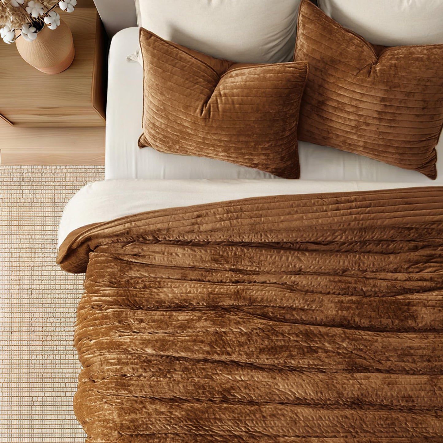 EverGrace Velvet Quilt Set King Size, Luxurious Soft Striped Channel Bedding Set, Lightweight Velvet Comforter for All Season, Oversized Bedspread Coverlet with 2 Matching Shams, Dark Brown