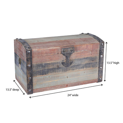 Household Essentials Small Wooden Storage Trunk, Weathered Wood with Paint Finish, Hinged Lid with Metal Accents