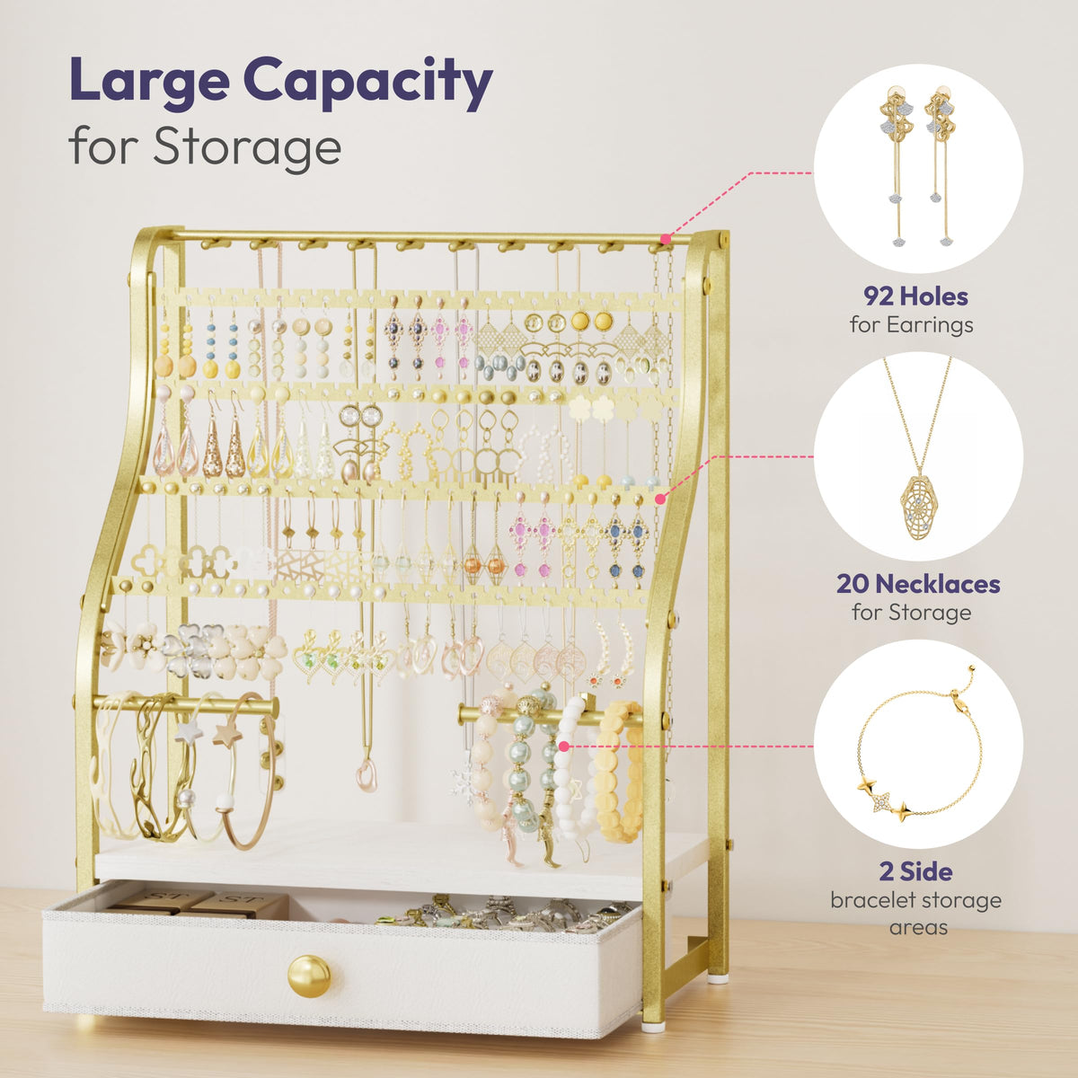 SWTYMIKI Earring Holder Organizer - Jewelry Organizer Stand with Necklace Hooks, Watch Rods, Nonwoven Drawer, Large Capacity Jewelry Display for Stud Earring Bracelet Necklace Ring, Gold
