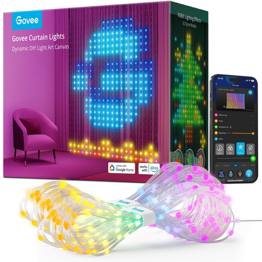 Govee Curtain Lights, Smart LED Color Changing Wall Lights, Dynamic DIY Curtain String Lights for Bedroom Living Room Holiday Decor, Outdoor IP65 Waterproof，4.9x6.6ft, 520 RGBIC LED